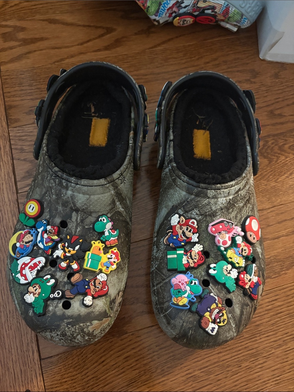 CROCS Kids Clogs in Green Camo with Super Mario Jibbitz